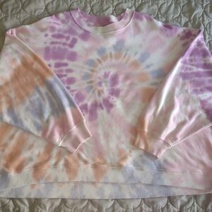 American Eagle Outfitters Pink and Cream Fleece Tie Dye Sweatshirt Oversized